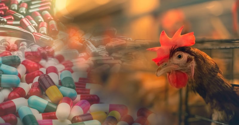 a chicken next to antibiotic pills