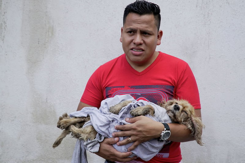 Man cradling dog in Guatemala after the Volcán de Fuego disaster - Animals in disasters